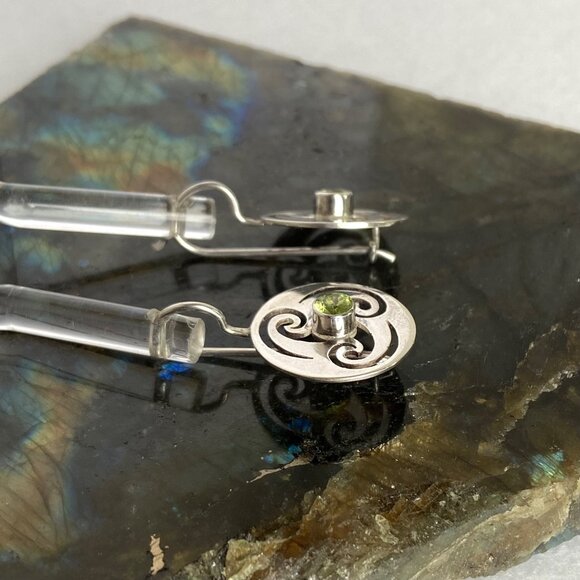 Sterling Silver 925 Round Peridot Pierced Celtic Style Dangle Drop Earrings - Picture 7 of 16